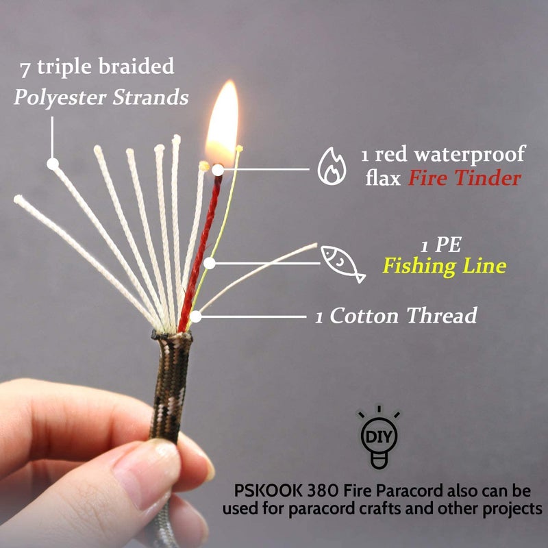 PSKOOK Survival Paracord Rope PSKOOK 100 Feet Fire Starter Parachute Cord 7-Strand Nylon with Red Tinder Cord PE Fishing Line Cotton Thread for Outdoor Lanyards, Bracelets, Handle Wraps (Black) - Image 2